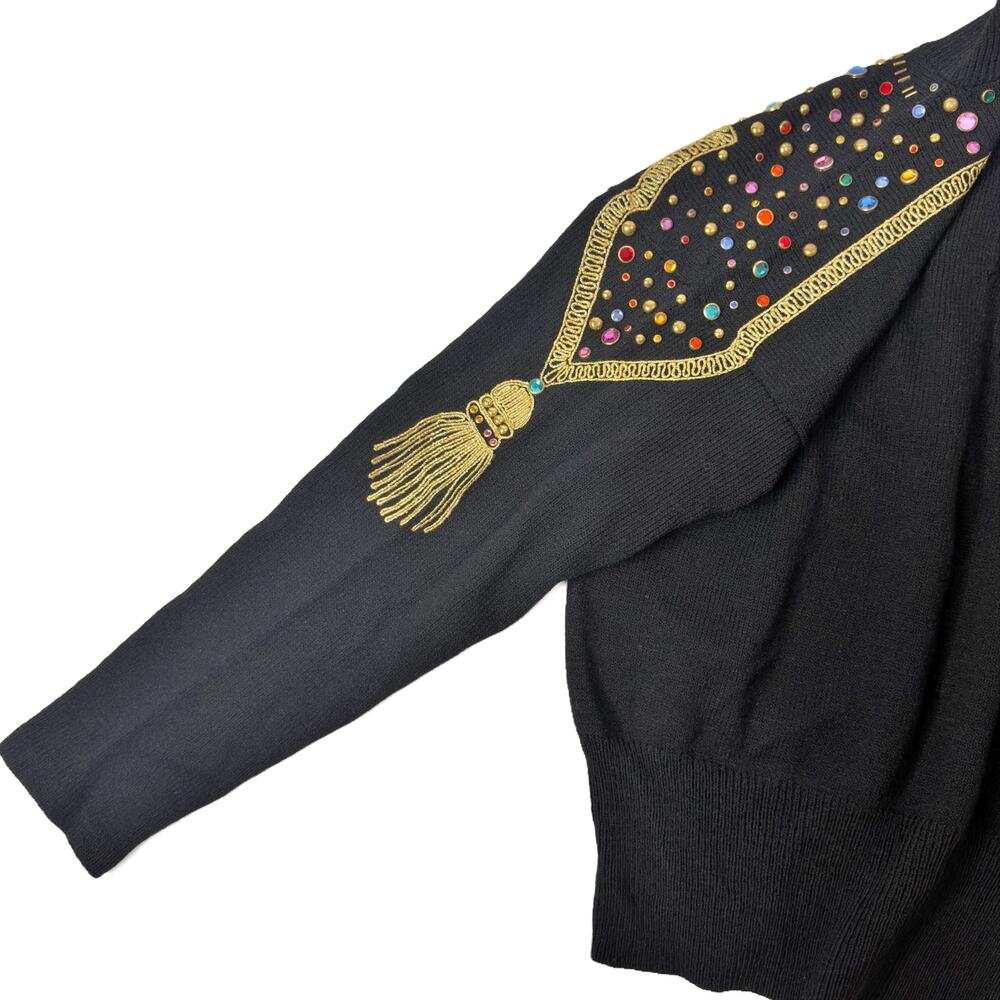 Vintage 80s Antonella Preve NY Gold Tassel + Studs + Rhinestone Sweater Medium - Picture 10 of 16